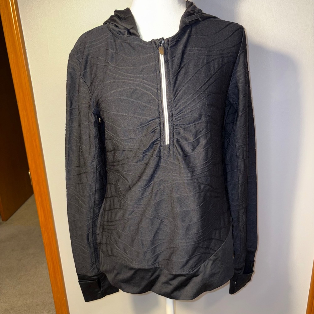 Title Nine Black‎ Textured Ruched Quarter Zip Hoodie Jacket Thumbholes M